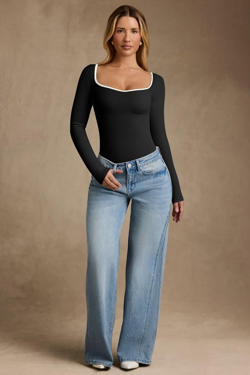 OQQ Women Bodysuit Contrast-Trim Square Neck Long Sleeve Stretch Bodysuit Tops Black - Image 3