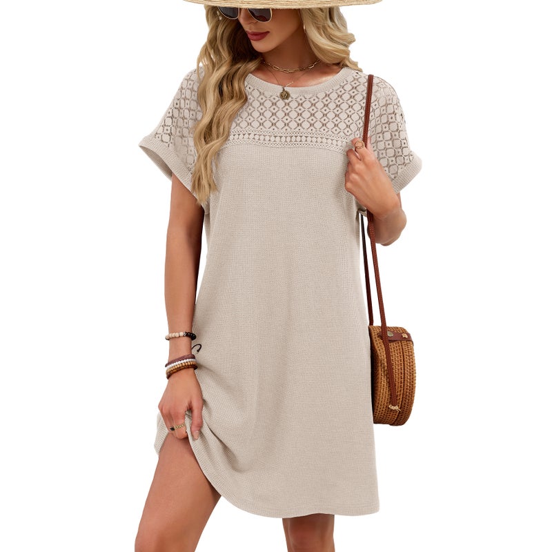 2026 Spring/Summer New Arrival Solid Color Round Neck Lace Patchwork Loose Short Sleeve Dress
