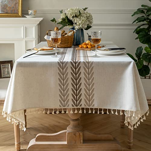Oubonun Cotton Linen Rectangular Tablecloth - Wrinkle Resistant & Waterproof - Machine Washable Table Cloth with Tassels for Kitchen & Dining, 55''x70'', 4-6 Seats - Image 1