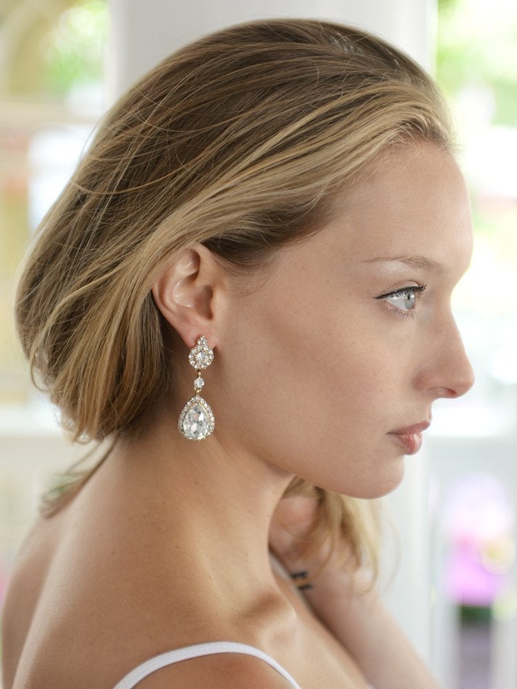 Mariell Gold Teardrop Austrian Crystal Dangle Chandelier Earrings for Wedding, Lightweight Designer Earrings For Brides, Prom, Pageant & Bridesmaids - Image 2