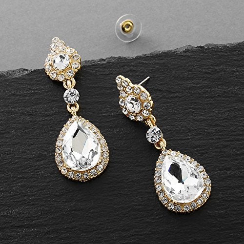 Mariell Gold Teardrop Austrian Crystal Dangle Chandelier Earrings for Wedding, Lightweight Designer Earrings For Brides, Prom, Pageant & Bridesmaids - Image 3