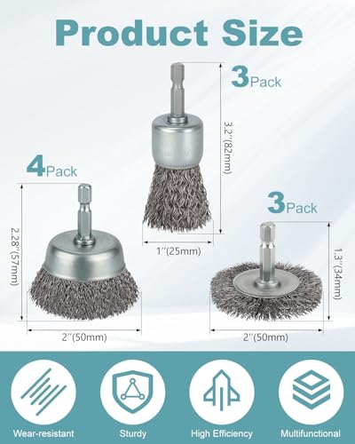 WENORA 10 Pcs Wire Brush for Drill, Coarse Carbon Steel Crimping Wire Wheel Brush, 1/4 Inch Hex Shank, Cup Brush Drill Bit for Cleaning Rust, Stripping and Abrasive - Image 2
