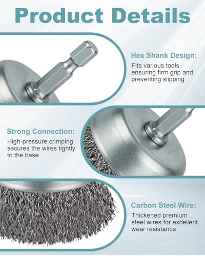 WENORA 10 Pcs Wire Brush for Drill, Coarse Carbon Steel Crimping Wire Wheel Brush, 1/4 Inch Hex Shank, Cup Brush Drill Bit for Cleaning Rust, Stripping and Abrasive - Image 4