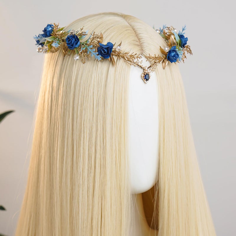 MOSTORY MSOTORY Blue Fairy Headpiece for Women - Wooldand Flower Crown Headband for Fairy Costume Renaissance Faire, Elf Forest Circlet for Elven Cosplay Photo Shoot Fairycore Aesthetic - Image 3