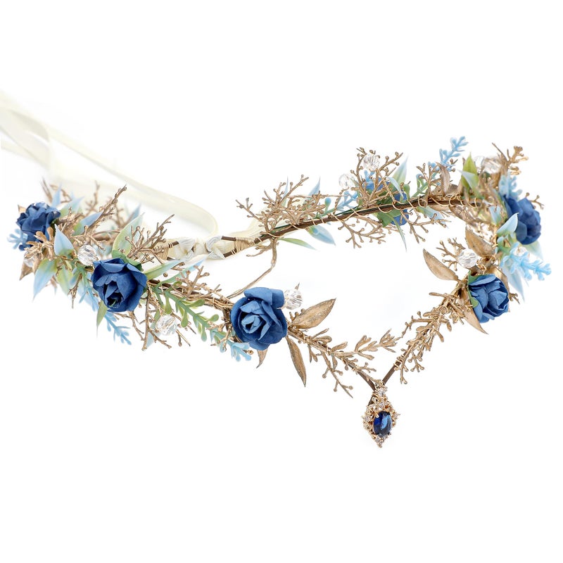MOSTORY MSOTORY Blue Fairy Headpiece for Women - Wooldand Flower Crown Headband for Fairy Costume Renaissance Faire, Elf Forest Circlet for Elven Cosplay Photo Shoot Fairycore Aesthetic - Image 1