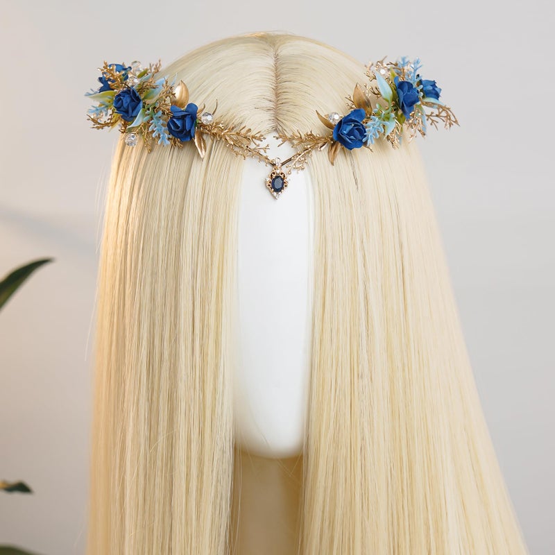 MOSTORY MSOTORY Blue Fairy Headpiece for Women - Wooldand Flower Crown Headband for Fairy Costume Renaissance Faire, Elf Forest Circlet for Elven Cosplay Photo Shoot Fairycore Aesthetic - Image 2
