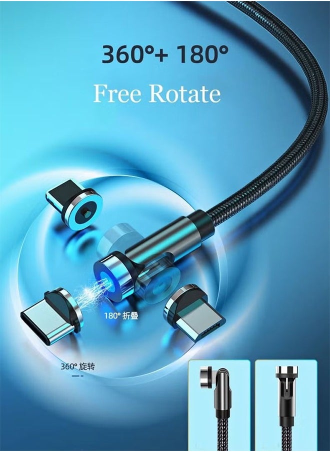 HY - Rotate Magnetic Charging Cable, SYOSI 540 Degree Rotating 3 in 1 Phone Charger Cable with LED Light 90 Degree Angle Connector, Compatible with Micro USB, Type C, IProduct and Most Devices (Black) - Image 1