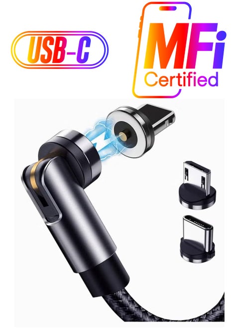 Rotate Magnetic Charging Cable, SYOSI 540 Degree Rotating 3 in 1 Phone Charger Cable with LED Light 90 Degree Angle Connector, Compatible with Micro USB, Type C, IProduct and Most Devices (Black)
