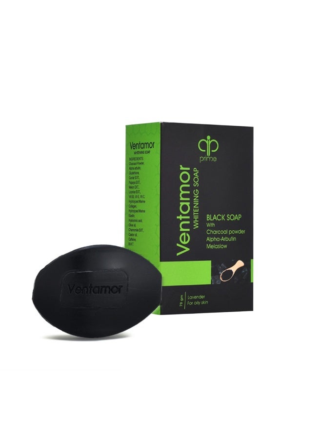 Ventamor Black Whitening Soap 70 gm with Charcoal, Salicylic Acid & Alpha Arbutin – Deep Cleansing Bar, Controls Oil, Reduces Dark Spots & Acne Marks, Brightens Skin, Ideal for Oily Skin - Image 1
