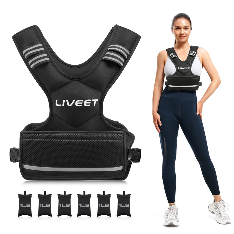 Liveet Adjustable Weighted Vest for Women Men, 4-10lb Weight Vest with 6 Ironsand Bags, Running Vest with Reflective Strips Adjustable Buckle Straps for Walking Strength Training - Image 1