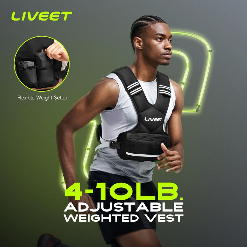 Liveet Adjustable Weighted Vest for Women Men, 4-10lb Weight Vest with 6 Ironsand Bags, Running Vest with Reflective Strips Adjustable Buckle Straps for Walking Strength Training - Image 2