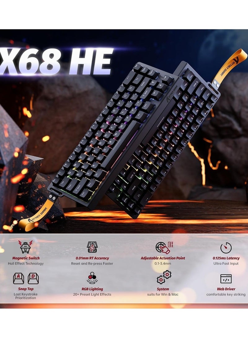 هجوم القرش لوحة مفاتيح الألعاب الميكانيكية X68 HE Rapid Trigger 60% سلكية TKL مع تشغيل قابل للتعديل، مفتاح مغناطيسي بتأثير هول، معدل استطلاع 8 كيلو هرتز، إضاءة خلفية RGB، تثبيت علوي، غطاء مفتاح مطبوع جانبي (أسود) - Image 3