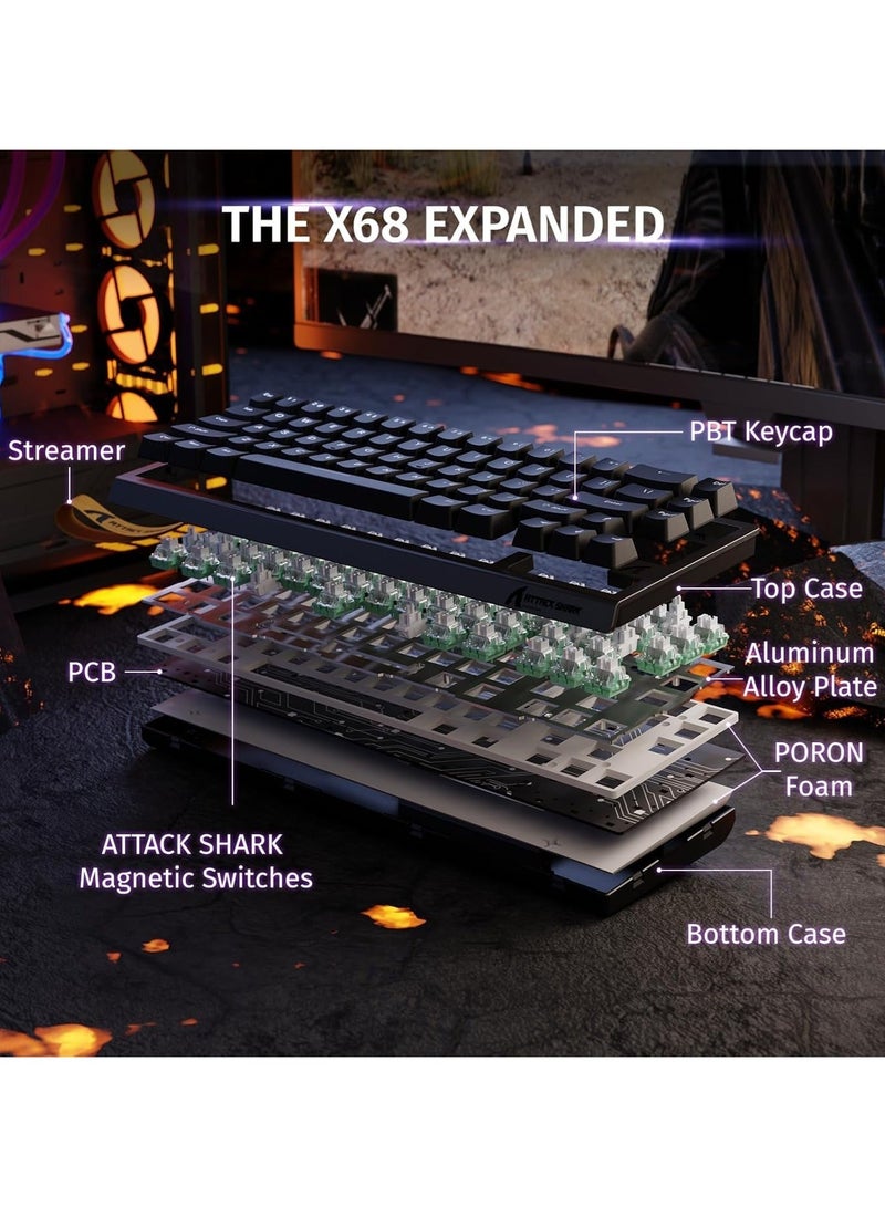 هجوم القرش لوحة مفاتيح الألعاب الميكانيكية X68 HE Rapid Trigger 60% سلكية TKL مع تشغيل قابل للتعديل، مفتاح مغناطيسي بتأثير هول، معدل استطلاع 8 كيلو هرتز، إضاءة خلفية RGB، تثبيت علوي، غطاء مفتاح مطبوع جانبي (أسود) - Image 2