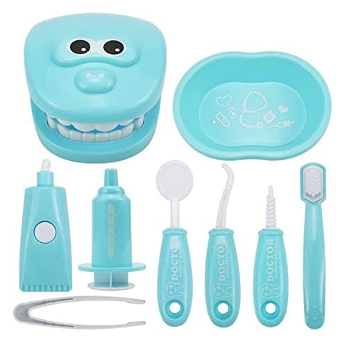 OPTSPTOY 9PCS Plastic Simulation Dentist Play Set Medical Kit Pretend Toy for Kids Hygienic Habbit Cultivation Role Play Game for Children 6 Colors PurplePinkYellowGreen Simple OPP Bag Packaging Blue - Image 5