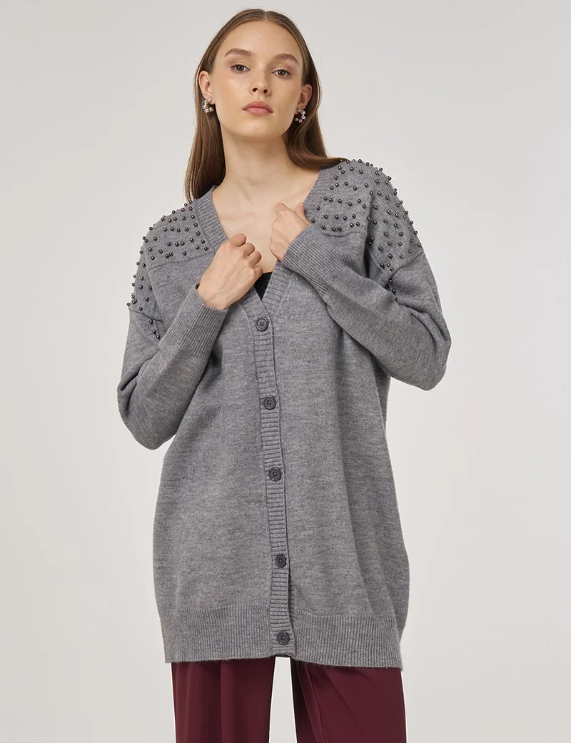 Kayra Bead-Embellished Knit Cardigan Gray