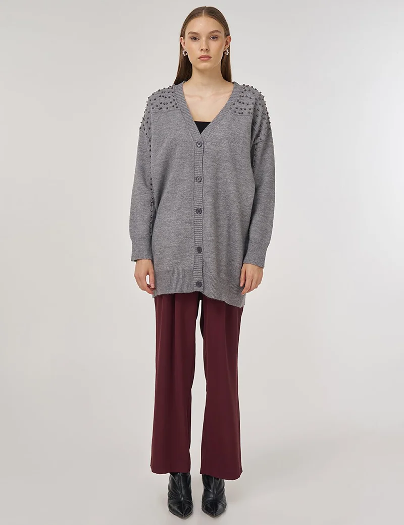 Kayra Bead-Embellished Knit Cardigan Gray
