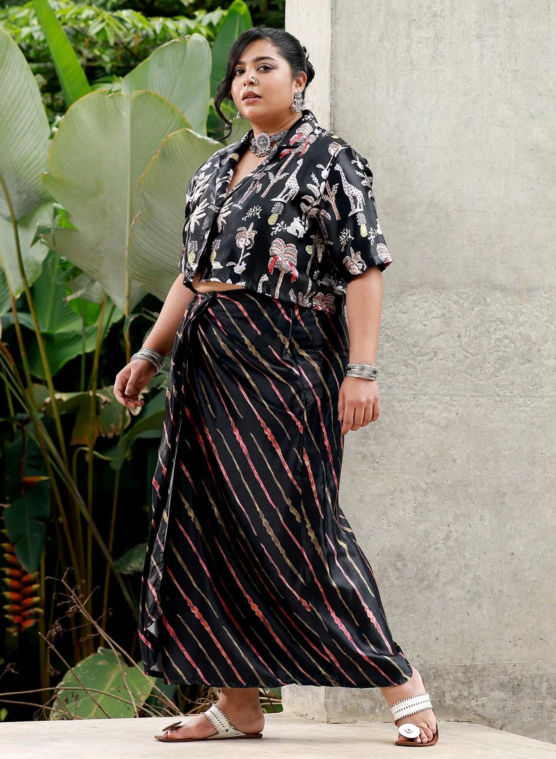 انستافاب بلس Women's Indie Palm Co-Ord Set For Ethnic Wear | Cuban Collar, Short Regular Sleeves | Floral Print Woven Fabric | 2 Piece Co-Ords Designed For Casual & Evening Wear | Midnight Black