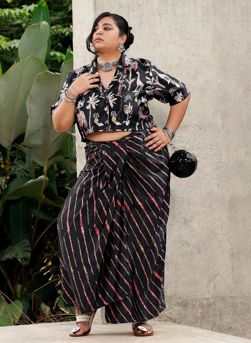 انستافاب بلس Women's Indie Palm Co-Ord Set For Ethnic Wear | Cuban Collar, Short Regular Sleeves | Floral Print Woven Fabric | 2 Piece Co-Ords Designed For Casual & Evening Wear | Midnight Black