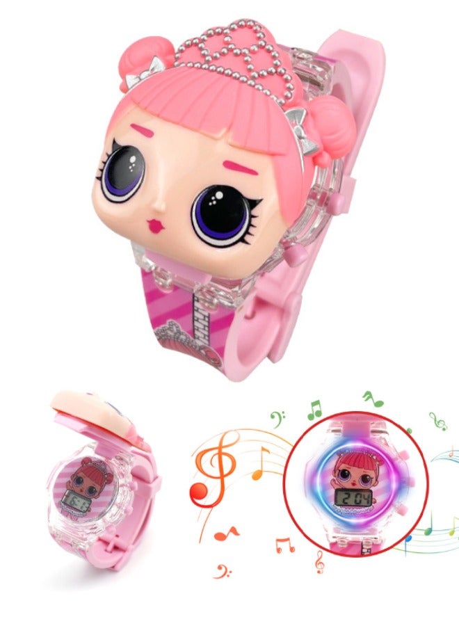 Surprise Girl Cartoon Children's Watch, Children's Watch Toy with Light Effect, Kids Electronic Watch with Music, Flip-top Cartoon Watch for Kids - Image 1
