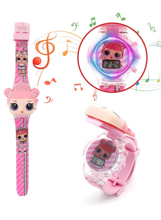 Surprise Girl Cartoon Children's Watch, Children's Watch Toy with Light Effect, Kids Electronic Watch with Music, Flip-top Cartoon Watch for Kids - Image 2