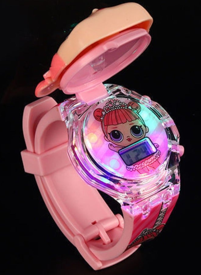 Surprise Girl Cartoon Children's Watch, Children's Watch Toy with Light Effect, Kids Electronic Watch with Music, Flip-top Cartoon Watch for Kids - Image 3