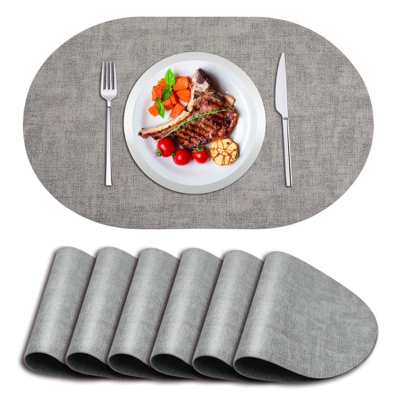 ANUNU ANUNU Placemats Set of 6  DoubleSided Faux Leather Design Oval Placemats for Dining Table Mats Heat Resistant Waterproof Wipeable Washable NonSlip Kitchen Table Placemats Set of 6 Grey 