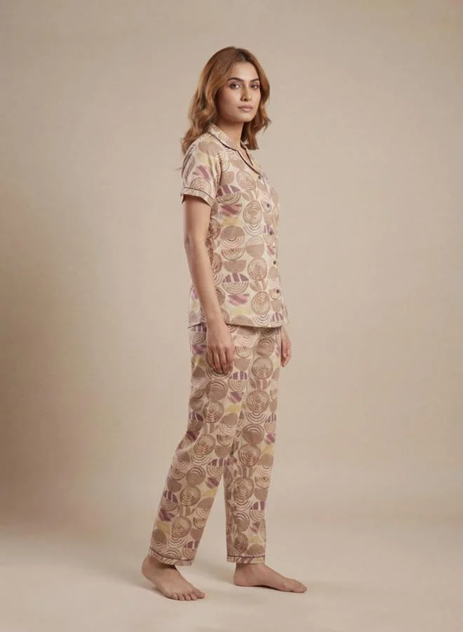 Mish Beige Geometric Printed Nightwear Shirt With Matching Pants