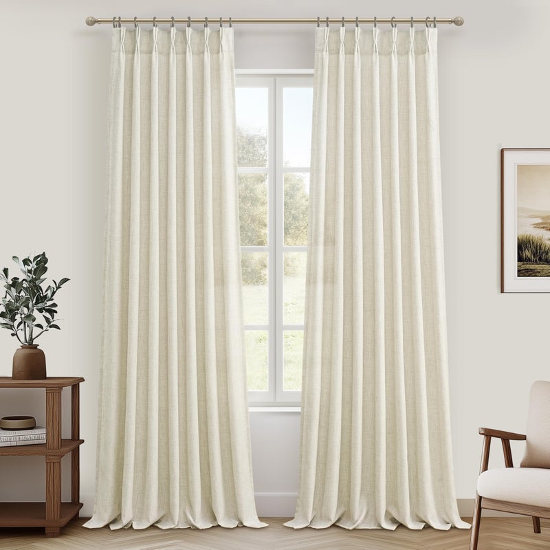 PleatedDrapes ستائر بلون كريمي بيج، مُصممة بتقنية الذاكرة، ذات ثنيات متداخلة، بطول 96 بوصة، مناسبة لغرفة النوم. ستائر شفافة من مزيج الكتان، مناسبة لغرفة الطعام، بتصميم بوهيمي، تتكون من لوحتين مع حلقات وخطافات، توفر الخصوصية، مقاس 40 × 96 بوصة. - Image 1
