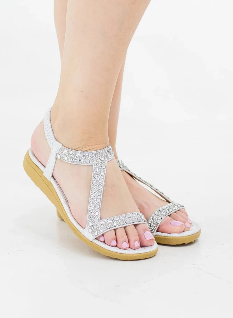 لاماراباريس Rabia flat sandal with diamond trims on shimmer upper silver