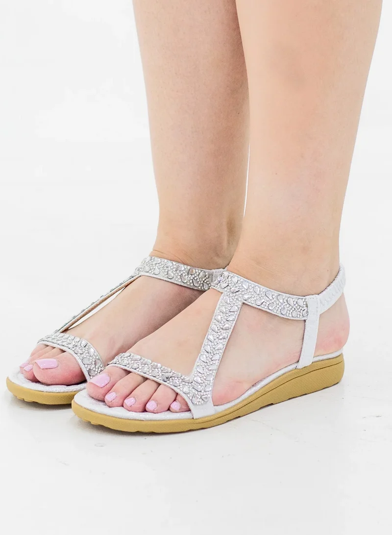 لاماراباريس Rabia flat sandal with diamond trims on shimmer upper silver