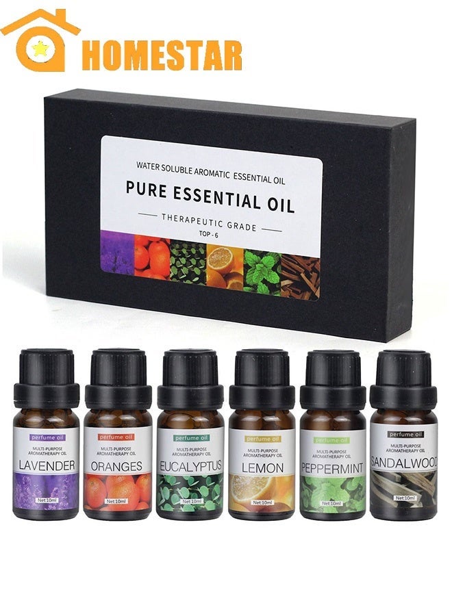 HOMESTAR 6 Pieces of 10 ML Essential Oils for Water-soluble Aromatherapy Sandalwood, Sweet Orange, Lavender, Eucalyptus, Lemon, and Peppermint - Image 1