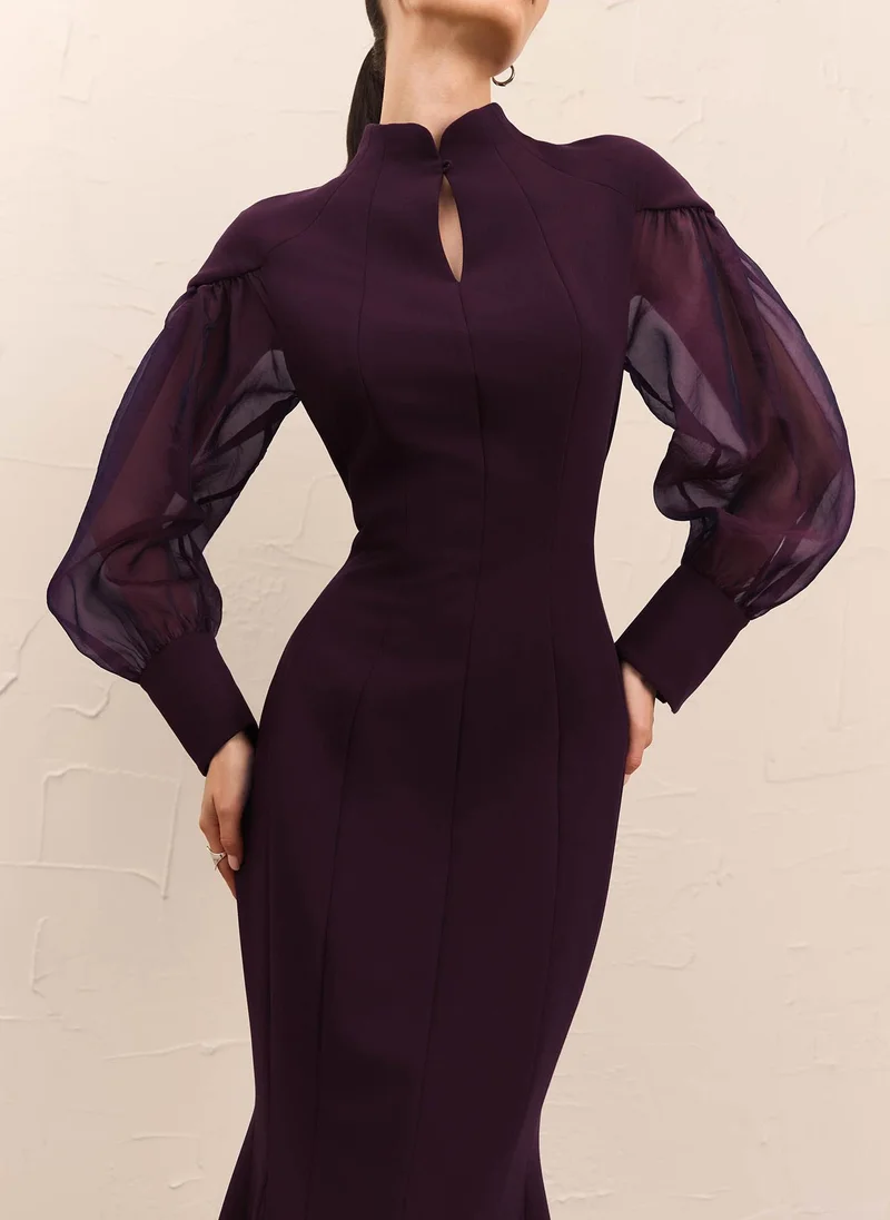 Maxi dress with semi-transparent puff sleeves