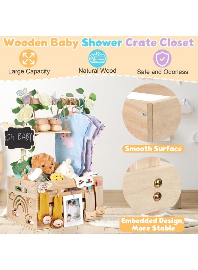 ELESTONE Wooden Baby Shower Crate Closet with Handle, Hangers & Garland, Large Capacity Baby Basket for Baby Shower, Customizable Wooden Crate Box Newborn Parents Welcome Gift (Natural Wood) - Image 4