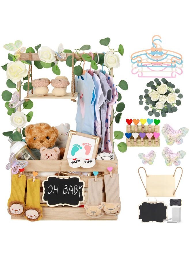 ELESTONE Wooden Baby Shower Crate Closet with Handle, Hangers & Garland, Large Capacity Baby Basket for Baby Shower, Customizable Wooden Crate Box Newborn Parents Welcome Gift (Natural Wood) - Image 1