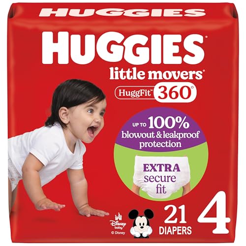 Huggies Size 4 Baby Diapers, Little Movers HuggFit 360° Baby Diapers with 360° Waistband, Size 4 (22-37 lbs), 21 Count, Packaging May Vary - Image 1