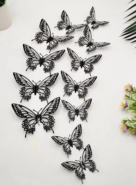 Elegant 3D Black Butterfly Wall Decor – 12 Pcs, 3 Sizes, Intricate Hollow-Out Design, Easy to Stick & Remove – Modern Aesthetic & Gothic Wall Decoration for Home, Bedroom, Living Room & Events