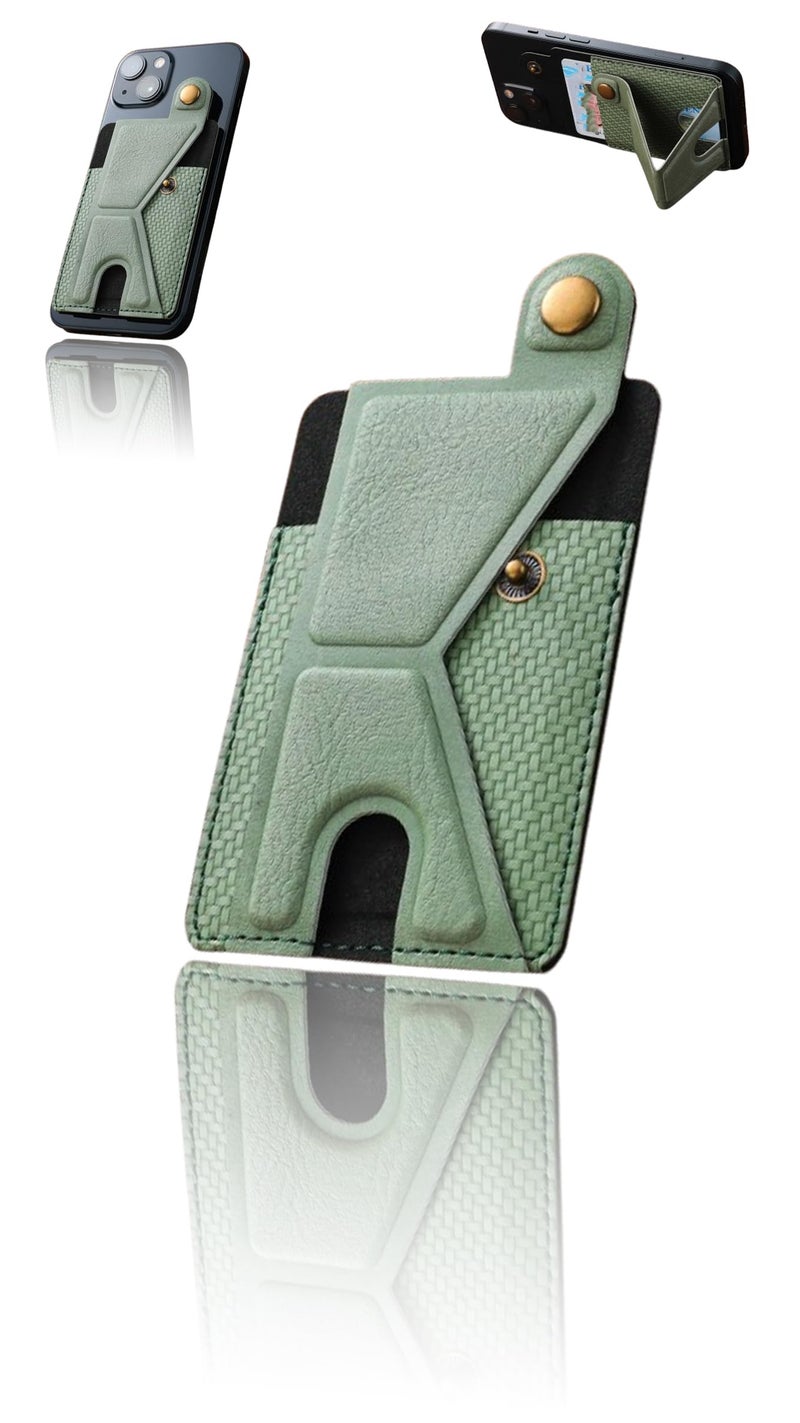 Aputue Adhesive PU Leather Phone Pocket with Stand, Stick-On Wallet for Smartphone Back, Green - Image 1