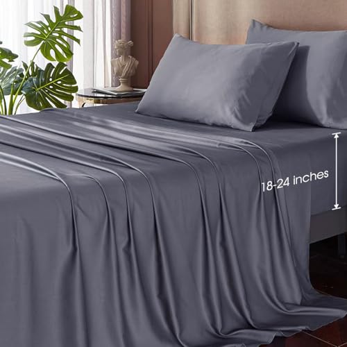 HYPREST Cooling Sheets King, Rayon Derived from Bamboo, Extra Deep Pocket Sheets Fits 18"-24" Thick Mattress, Grey Luxury Silky Soft No Sweat Cooling Sheets for Hot Sleepers - Image 1