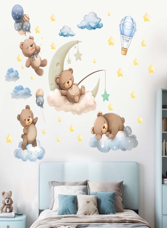 PinkEleph Sleeping Moon Bear Wall Decals - Hot Air Balloon Animals Star Clouds Wall Stickers - Kids Bedroom Baby Nursery Daycare Playroom Wall Decor - Image 3