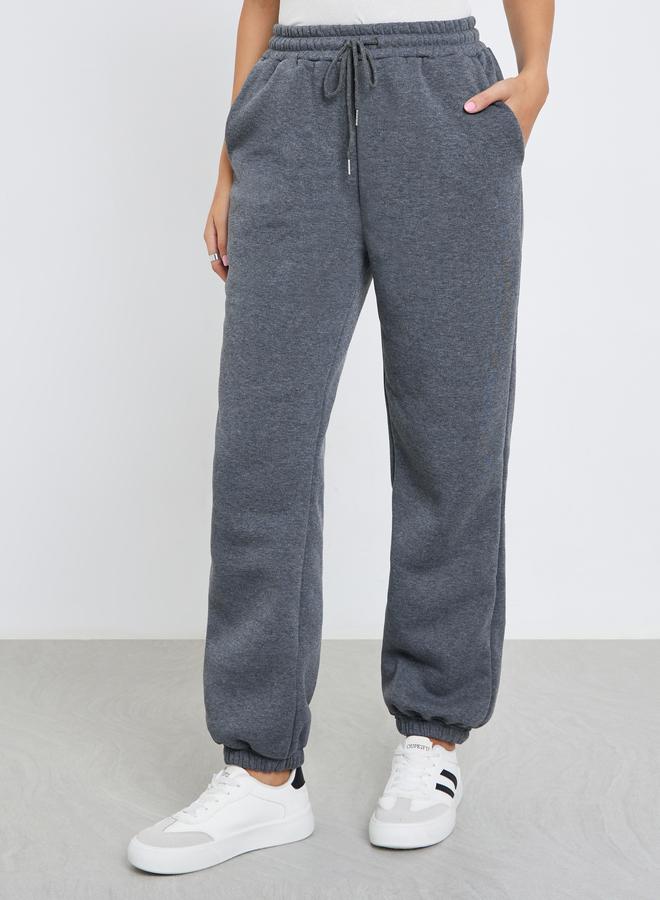 Styli Women Grey Solid Wide Leg Joggers with Drawstring Waist - Image 2