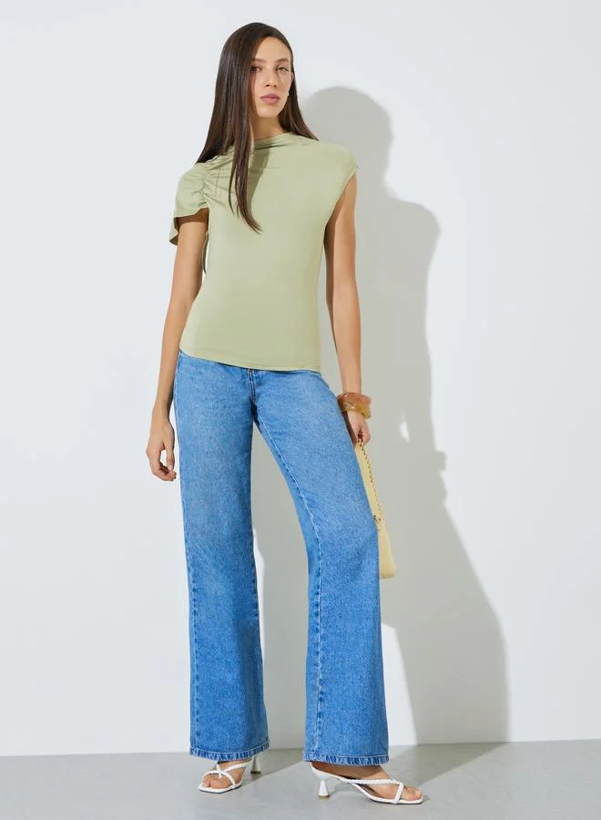 Styli Green Ruched Short Sleeve Fitted Knit Top