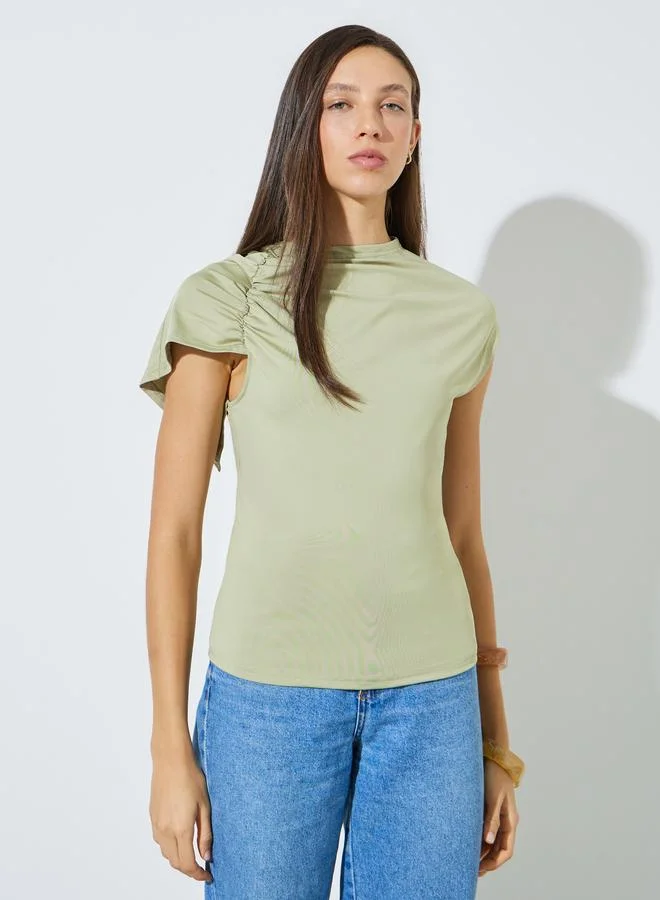 Styli Green Ruched Short Sleeve Fitted Knit Top