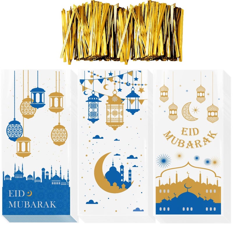Aviski 150PCS Eid Mubarak Party Treat Bags, Ramadan Theme Printed Pattern Gift Bags Cellophane Clear Plastic Goodie Favor Bags with Silver Twist Ties for Eid Mubarak Party, 10.6 Ã— 5.1inch - Image 1