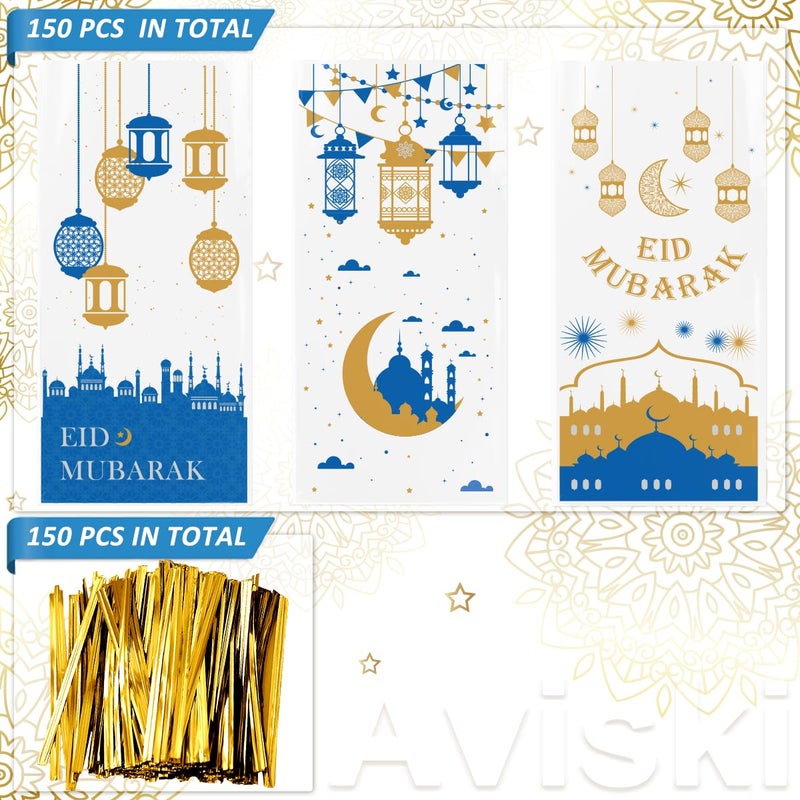Aviski 150PCS Eid Mubarak Party Treat Bags, Ramadan Theme Printed Pattern Gift Bags Cellophane Clear Plastic Goodie Favor Bags with Silver Twist Ties for Eid Mubarak Party, 10.6 Ã— 5.1inch - Image 2