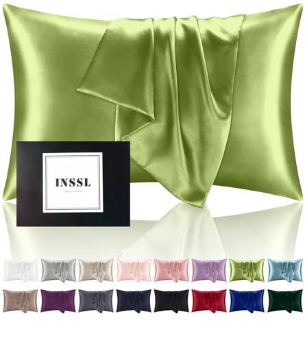 INSSL Silk Pillowcase for Women, Mulberry Silk Pillowcase for Hair ad Skin and Stay Comfortable and Breathable During Sleep(Tea Green,Standard) - Image 1