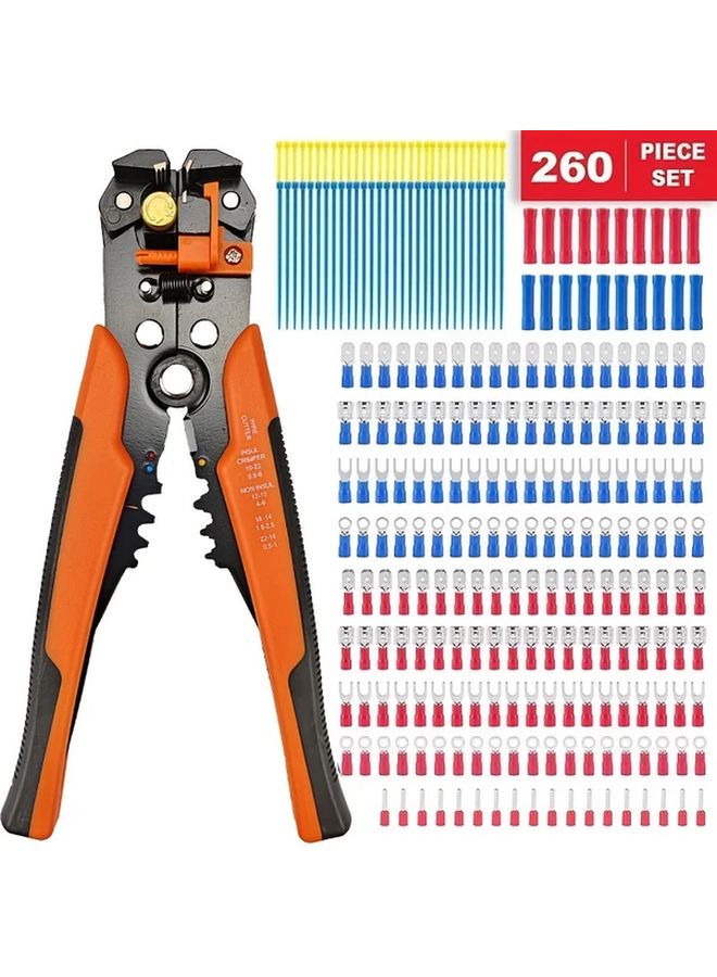 260 Pcs Spade Terminals Insulated Wire Connectors Electrical Assorted Crimp Butt Ring Fork Set Ring Lugs Wire Stripper Plier - Image 1