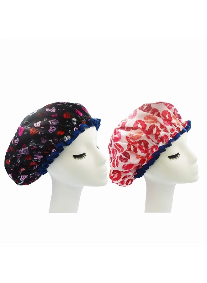 (2 Pack) Sexy Lovely Fashion Style Hair Cap Extra Large Double Layer Lined Waterproof Durable Eco-Friendly Shower Cap with Tight Elastic-Fashionista Collection Bath Cap (Lovely Style)
