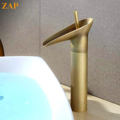 ZAP Antique Lavatory Vanity Basin Mixer Tap Bathroom Faucet with Waterfall Spout Bath Sink Faucets Single Handle One Hole Solid Brass - Brushed Gold - Image 3
