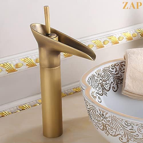 ZAP Antique Lavatory Vanity Basin Mixer Tap Bathroom Faucet with Waterfall Spout Bath Sink Faucets Single Handle One Hole Solid Brass - Brushed Gold - Image 2