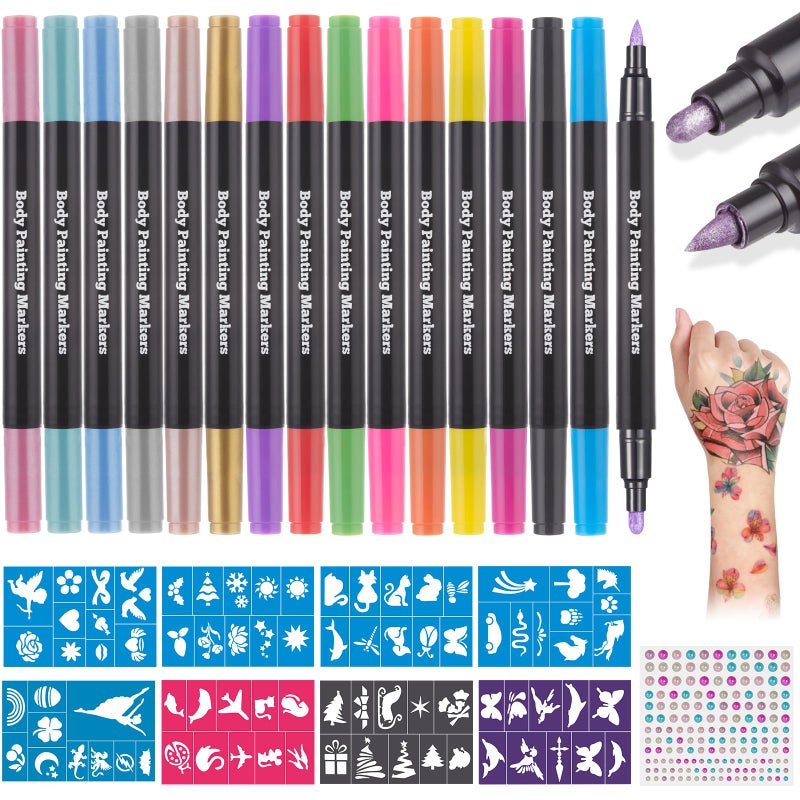 Lictin Temporary Tattoo Markers for Skin, 16 Colors Dual-End Skin Tattoo Pens with 80 Tattoo Stencils, Matte & Metallic Body Markers for Kids Teens and Adults, Flexible Brush Tip, Cosmetic-Grade - Image 1